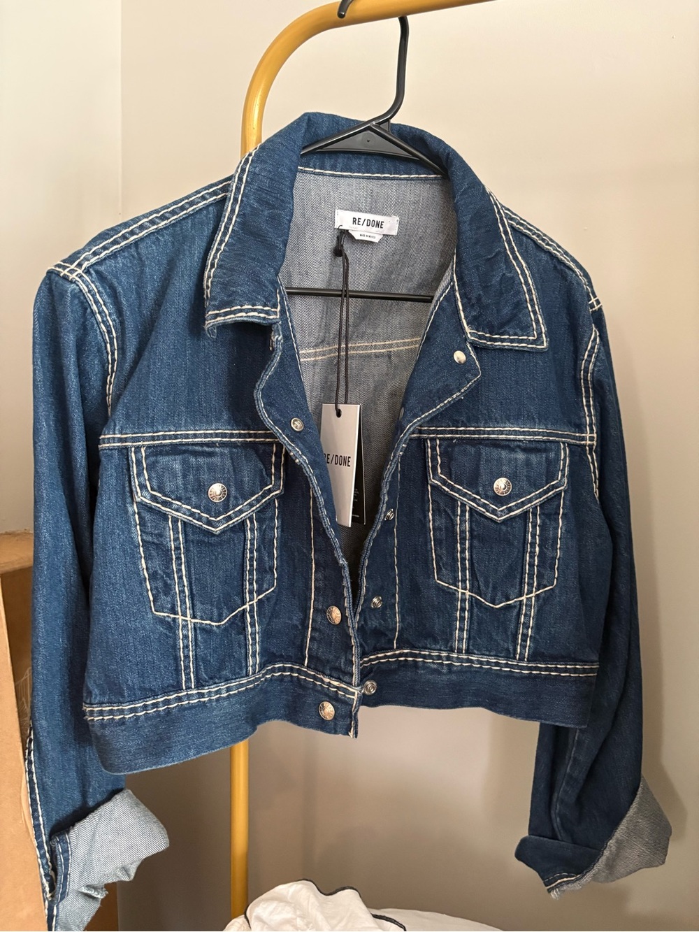 Re/Done Vintage-Inspired Denim Jacket in Medium Blue with White Stitching